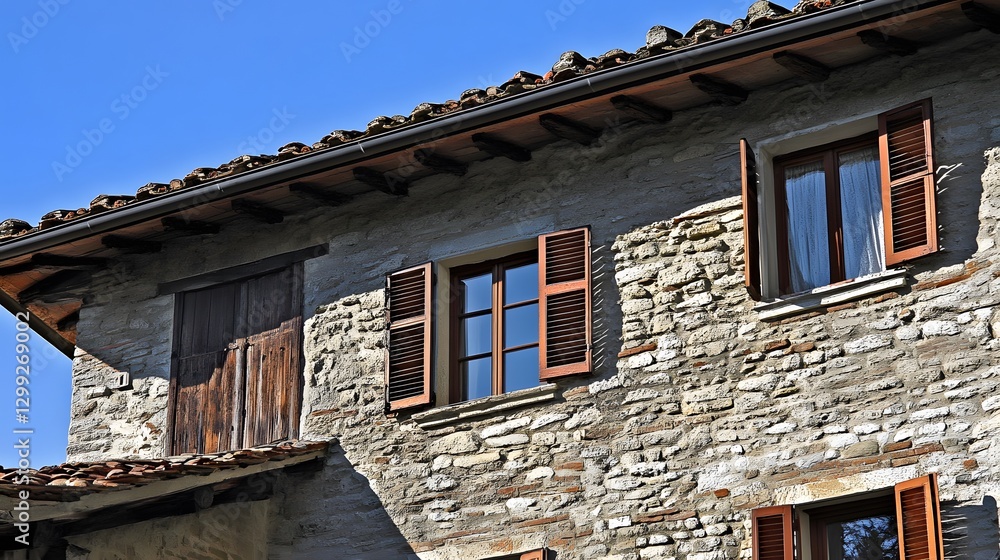 Rustic Stone House Exterior with Wooden Shutters and Windows Rustic Stone House Exterior with Wooden Shutters and Windows
