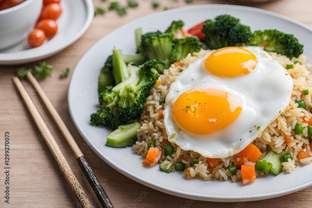 A simple dish of fried rice with vegetables and a fried egg on top. A simple dish of fried rice with vegetables and a fried egg on top.
