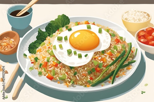 A simple dish of fried rice with vegetables and a fried egg on top.