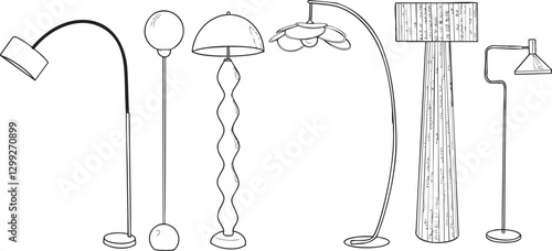 Ensemble illustrations lampe lampadaire décoration intérieur design vecteur trait noir