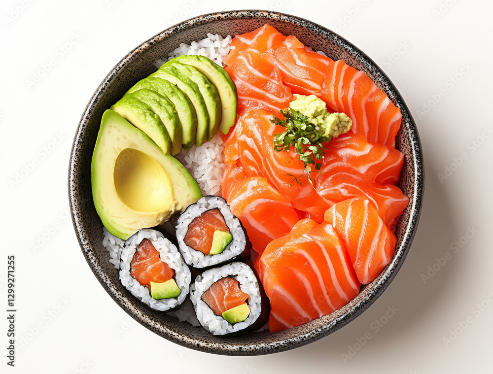 Delicious Salmon Bowl with Sushi and Avocado ,A vibrant and appetizing salmon bowl, showcasing a combination of fresh salmon, avocado slices, and sushi rolls. Delicious Salmon Bowl with Sushi and Avocado ,A vibrant and appetizing salmon bowl, showcasing a combination of fresh salmon, avocado slices, and sushi rolls.