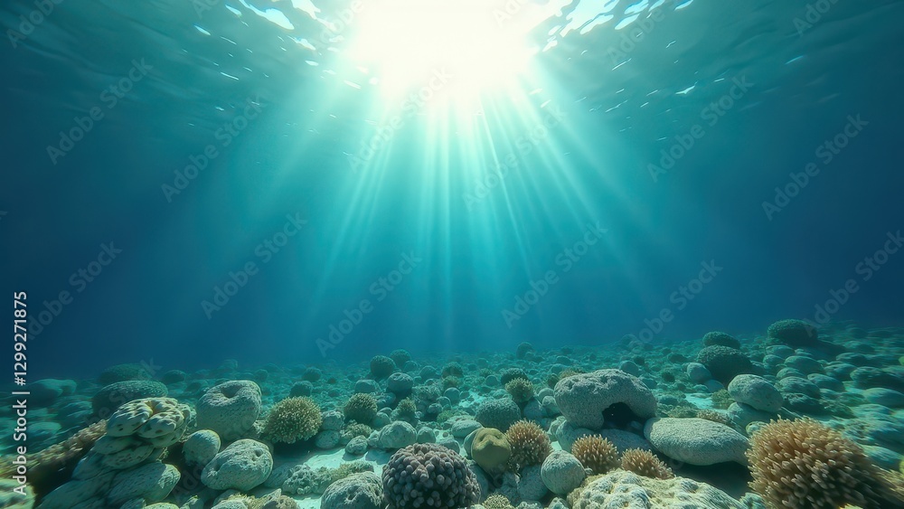 Obraz premium Sunlight streaming through clear ocean water on a coral reef affected by bleaching 