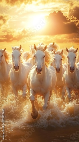 Mystic beauty of white horses running through magical waters photo