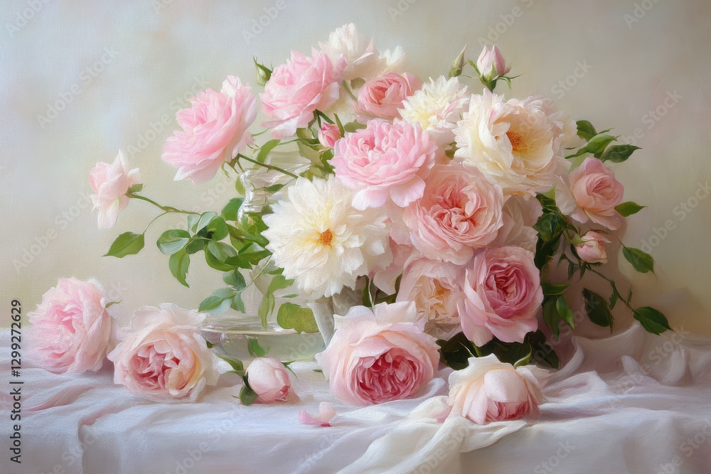 Beautiful floral arrangement featuring pink and white roses on a soft background Beautiful floral arrangement featuring pink and white roses on a soft background