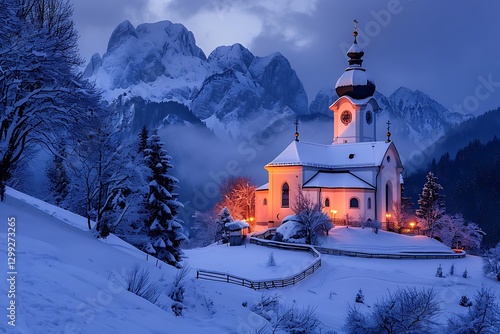 Church of St. Mary Magdalene on the background of the Dolomites, Italy photo