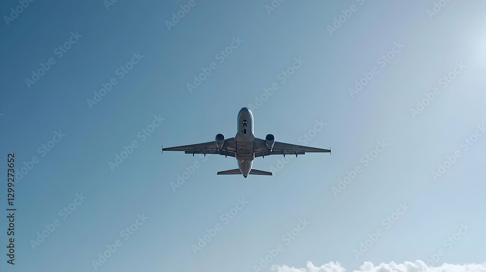 Obraz premium Airplane Flying Against Clear Blue Sky During Sunny Day