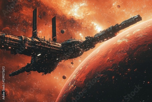 multi-module space station, orbiting a crimson, alien planet, with the galaxy's expanse behind