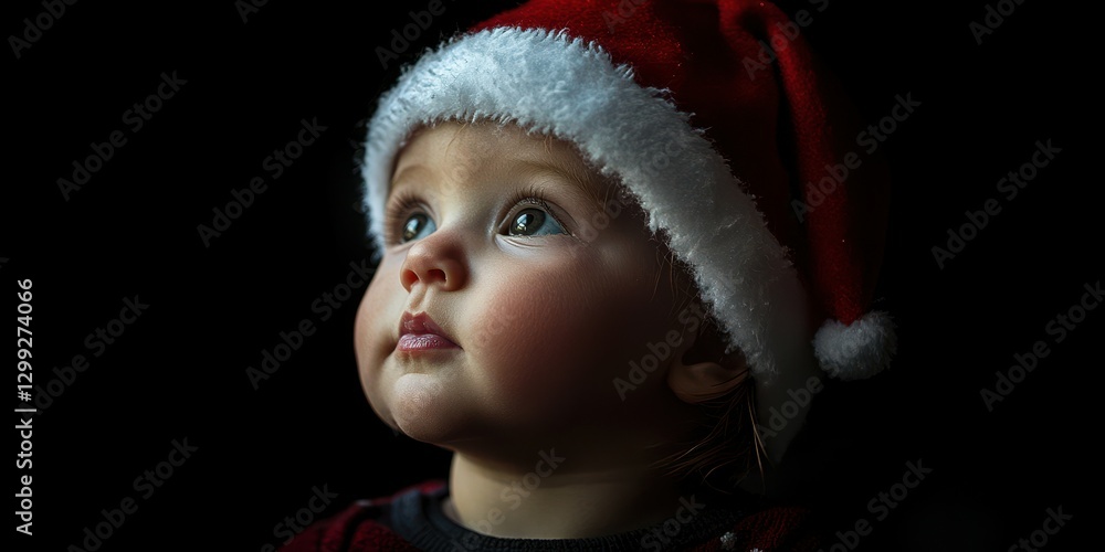 Child wearing Santa hat gazes up with curiosity during the holiday season in a dimly lit room Child wearing Santa hat gazes up with curiosity during the holiday season in a dimly lit room