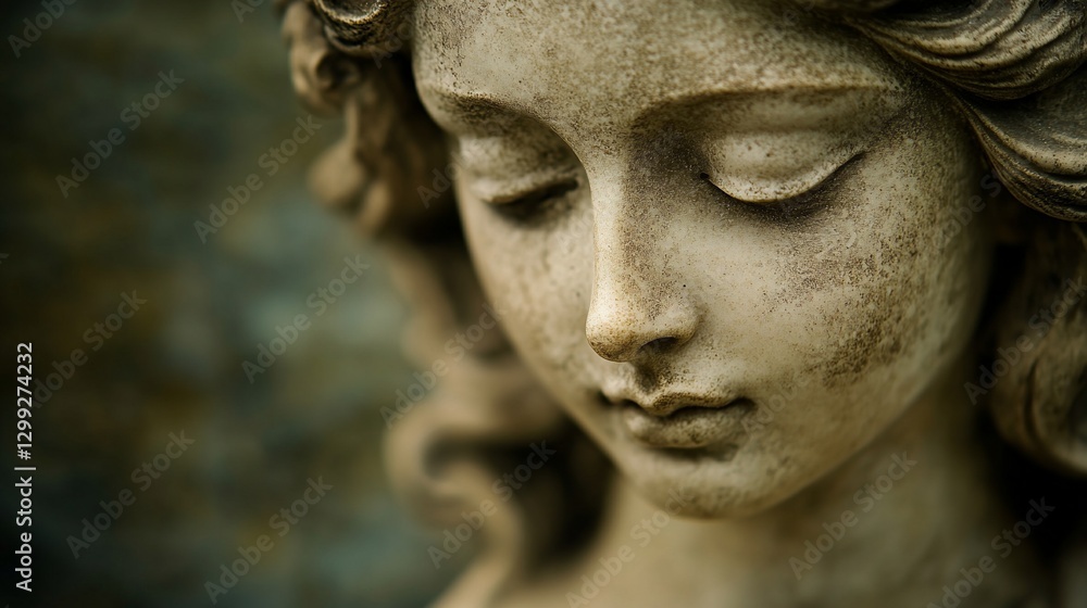 Closeup of a serene angel statue, outdoor garden setting Closeup of a serene angel statue, outdoor garden setting