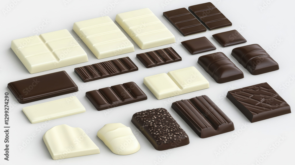 Assorted chocolate bars and pieces on a clean surface for culinary inspiration and dessert ideas Assorted chocolate bars and pieces on a clean surface for culinary inspiration and dessert ideas