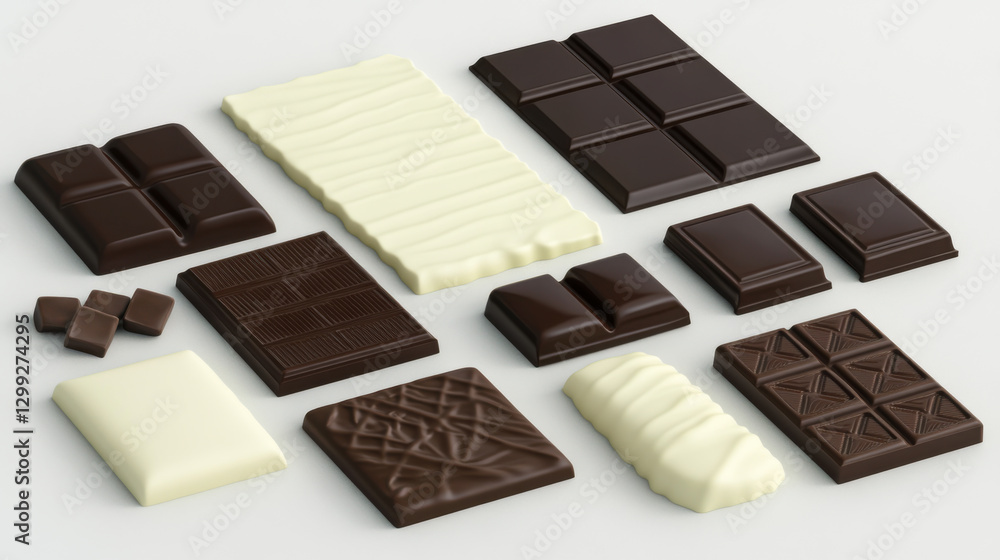 Assorted chocolate bars and pieces on a clean surface for culinary inspiration and dessert ideas Assorted chocolate bars and pieces on a clean surface for culinary inspiration and dessert ideas