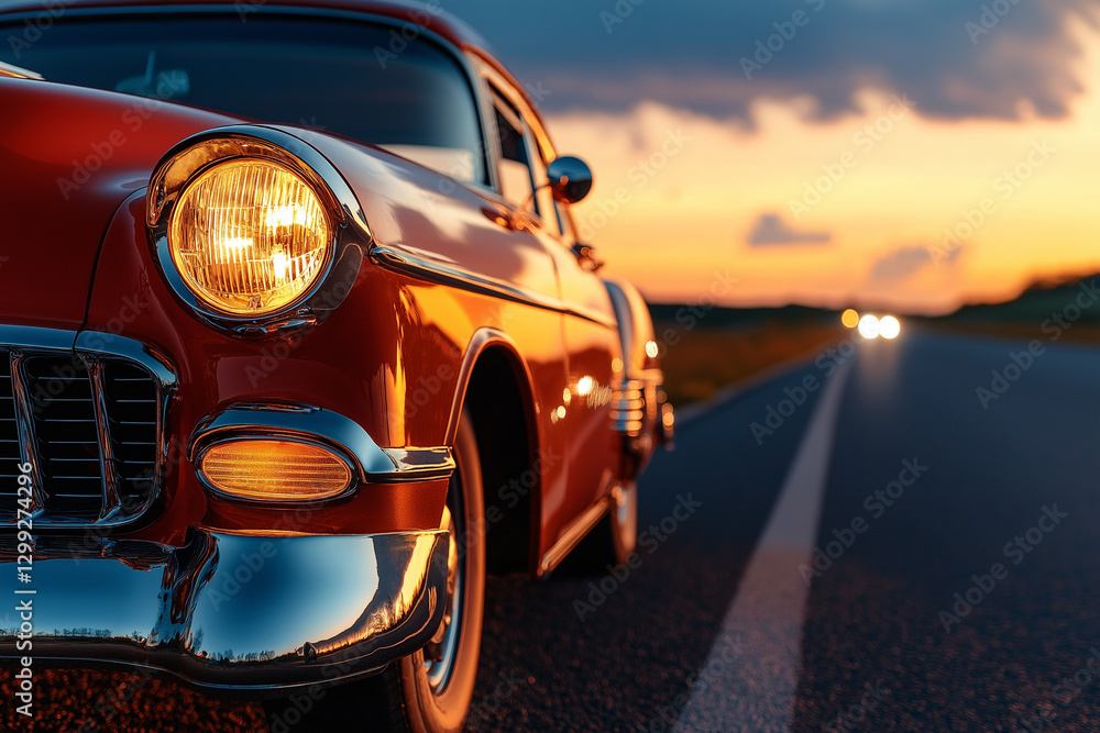 Fototapeta premium A glossy red vintage car stands