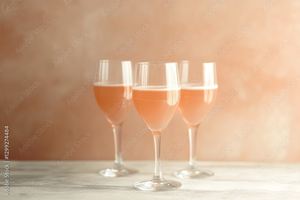 Fototapeta premium Sparkling Toast: A collection of elegant champagne flutes brimming with a light, effervescent rose-colored liquid, poised for celebration. The flutes stand in a row.