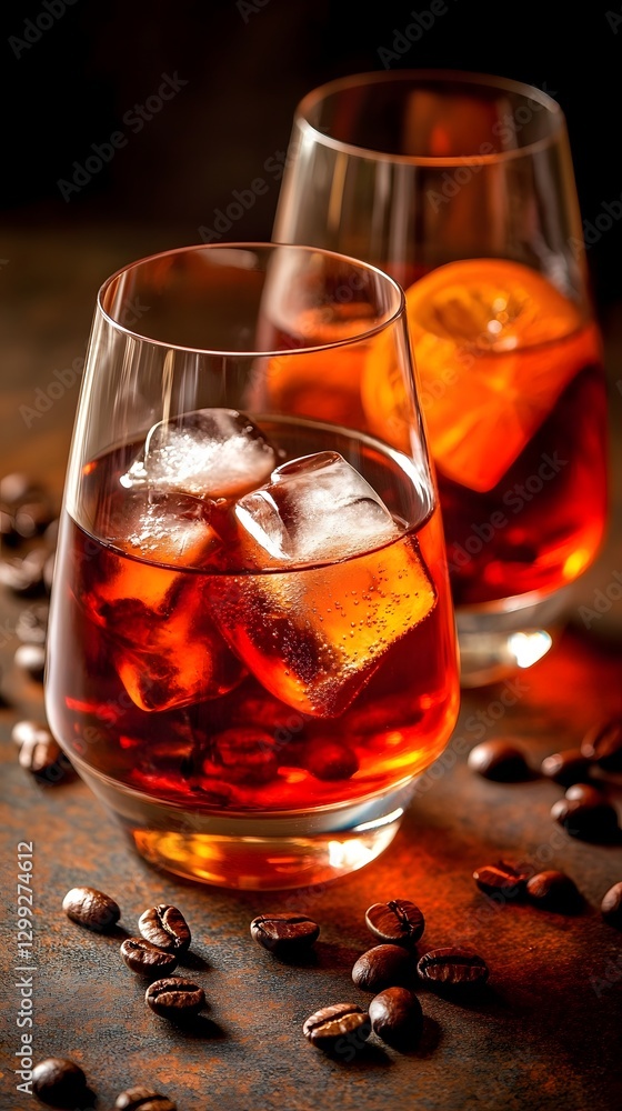 A Refreshing Sip: An alluring close-up of two exquisite glasses, filled with an enticing dark beverage and ice cubes, complemented by scattered coffee beans, creating a perfect moment of taste. A Refreshing Sip: An alluring close-up of two exquisite glasses, filled with an enticing dark beverage and ice cubes, complemented by scattered coffee beans, creating a perfect moment of taste.