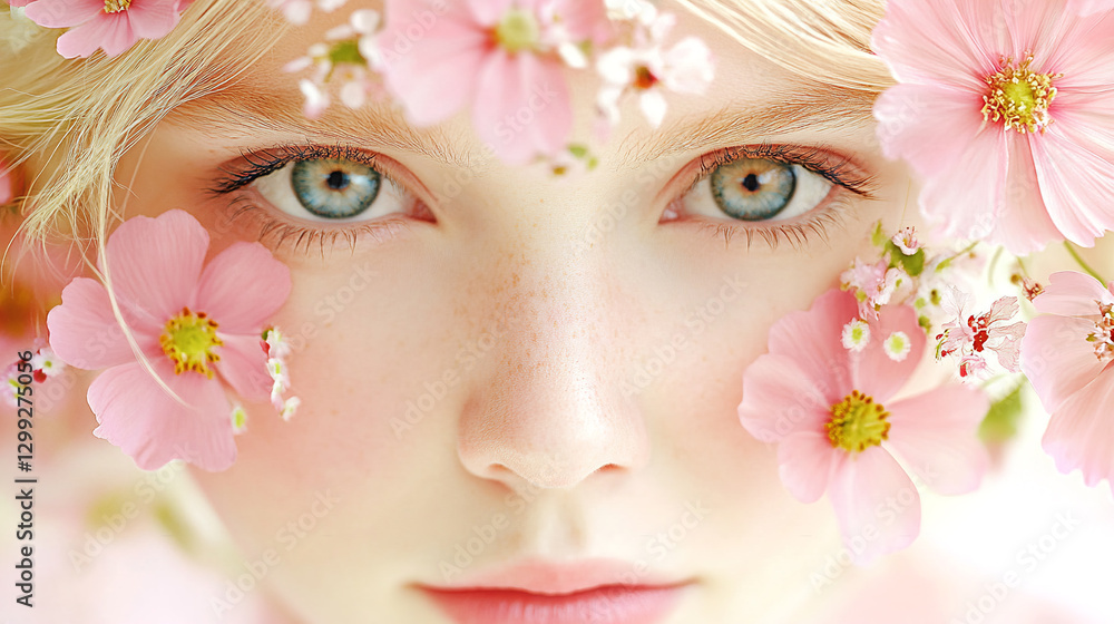 Face of young beautiful blond woman framed by pink cosmo flowers. Natural beauty skin care women's day concept Face of young beautiful blond woman framed by pink cosmo flowers. Natural beauty skin care women's day concept