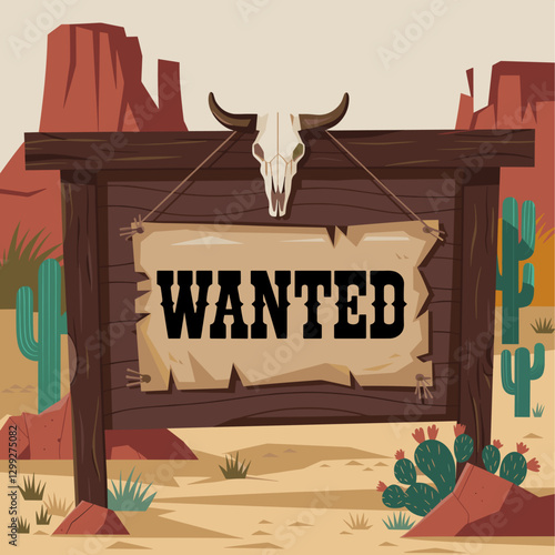 An illustrative depiction of a rustic 'Wanted' sign set against a desert backdrop. Ideal for Western-themed projects, posters, or creative designs.