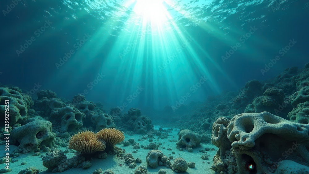 Obraz premium Sunlight illuminating an underwater coral reef with skull-shaped rock formations and bleaching effects 