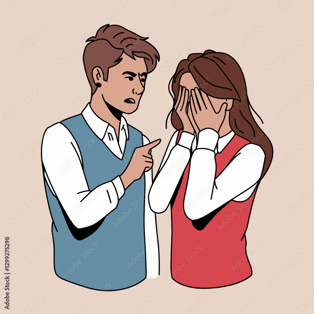 An illustration depicting a tense moment between a couple. The man expresses frustration while the woman covers her face, highlighting emotions of disagreement and miscommunication. An illustration depicting a tense moment between a couple. The man expresses frustration while the woman covers her face, highlighting emotions of disagreement and miscommunication.