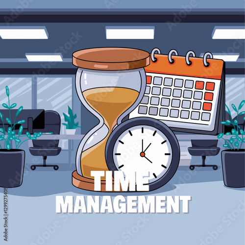 Explore the importance of time management in today’s workplace. This illustration features an hourglass, clock, and calendar, symbolizing efficiency and productivity.