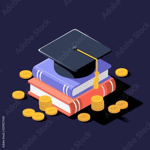 A vibrant illustration of a graduation cap atop a stack of books, surrounded by coins, symbolizing the value of education and knowledge in financial success.