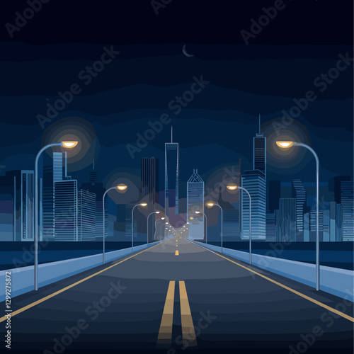 A vibrant digital illustration featuring a city skyline at night, with glowing street lamps lighting the way on a highway. Perfect for urban themes.