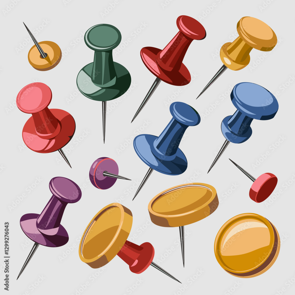 A vibrant assortment of push pins and thumbtacks in various colors and sizes, perfect for office or craft illustrations. A vibrant assortment of push pins and thumbtacks in various colors and sizes, perfect for office or craft illustrations.