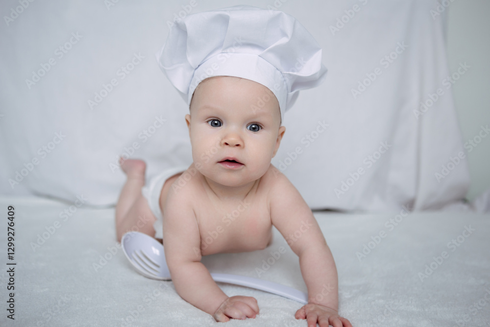 Baby wearing chef hat and holding spoon enjoys playful moment on soft surface Baby wearing chef hat and holding spoon enjoys playful moment on soft surface