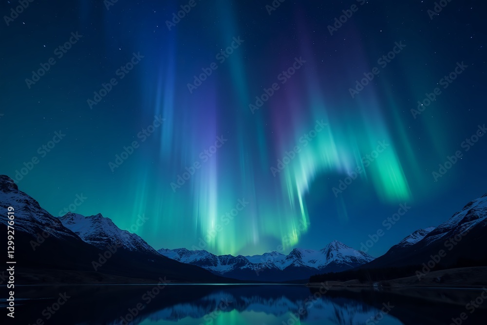 Naklejka premium Spectacular Green and Purple Aurora Borealis Dancing Above Snow-Capped Mountain Range with Crystal-Clear Lake Reflection Creating Mesmerizing Natural Light Show in Arctic Night