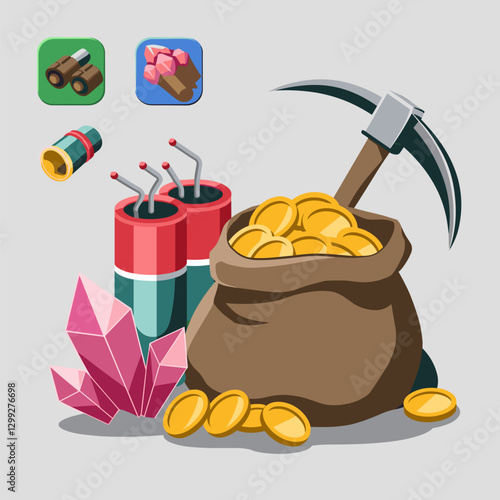 A vibrant illustration of a mining scene featuring a pickaxe, a bag of gold coins, gemstones, and explosives. Perfect for adventure and treasure-themed projects.