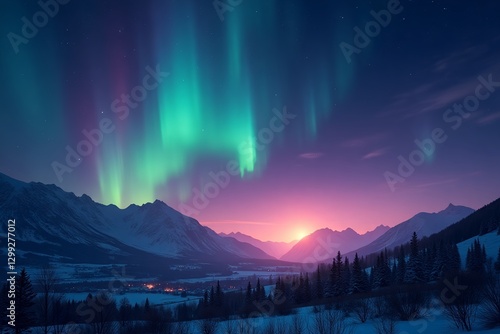 Wallpaper Mural Spectacular Teal and Green Aurora Borealis Dancing Above Snow-Covered Mountain Range with Valley Village at Dawn in Breathtaking Arctic Landscape Torontodigital.ca