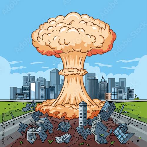 A vivid illustration of a nuclear explosion with a massive mushroom cloud rising above a devastated city, highlighting destruction and chaos.