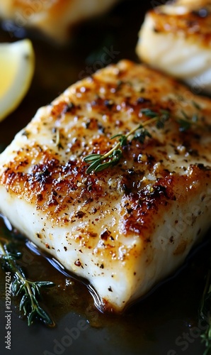 Crispy Pan-Seared Fish Fillets with Herbs, Lemon in the Background photo