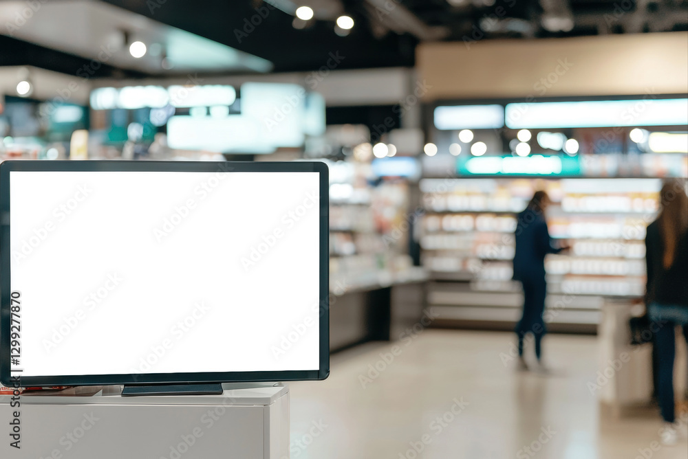 Obraz premium Blank digital screen mockup for advertisement, placed near the checkout counter in a modern supermarket, with visible shoppers in the blurred background