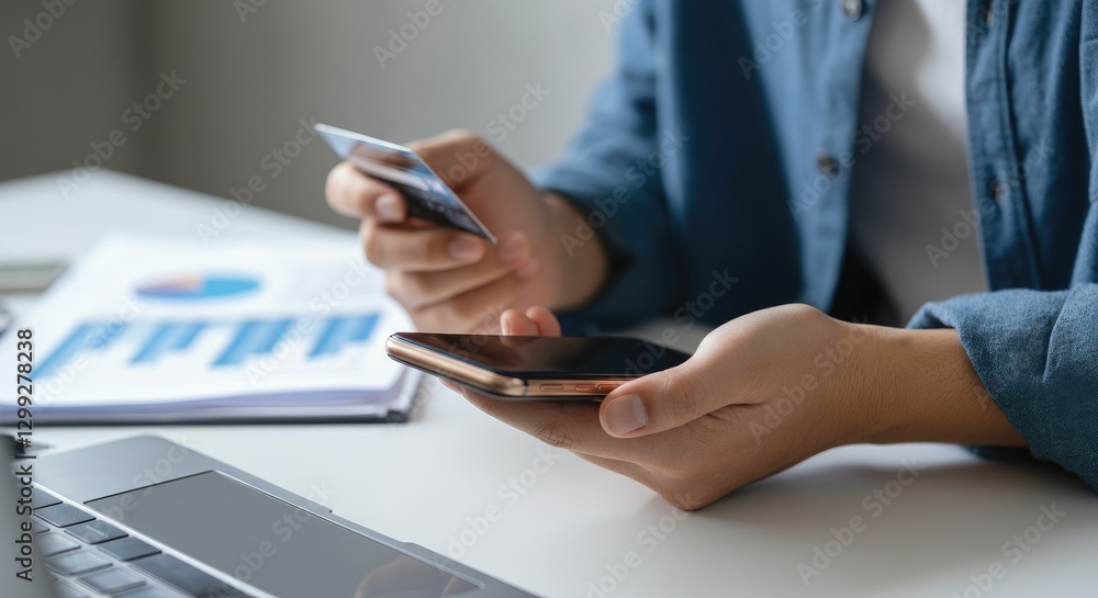 Fototapeta premium Person using smartphone and holding credit card Online shopping concept