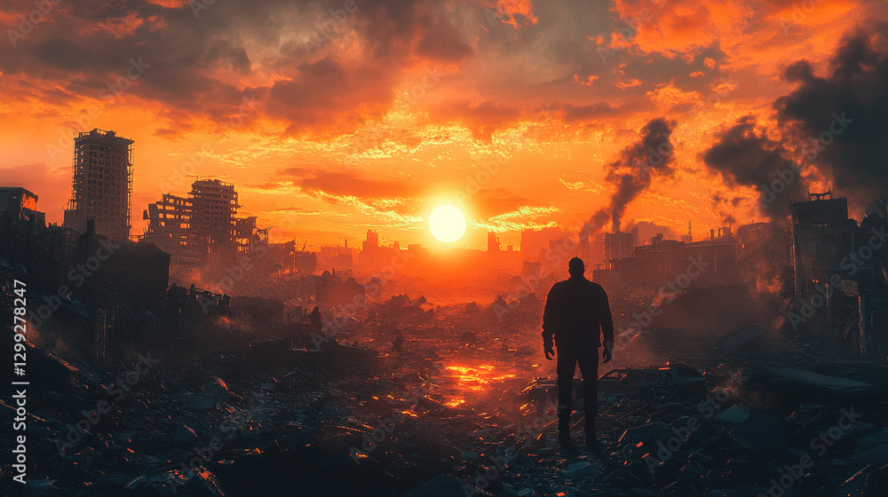 Fototapeta premium Dramatic sunset over a post-apocalyptic cityscape urban landscape digital art dystopian environment wide view survival concept