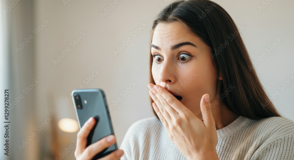 Surprised woman holding smartphone with shocked expression Surprised woman holding smartphone with shocked expression