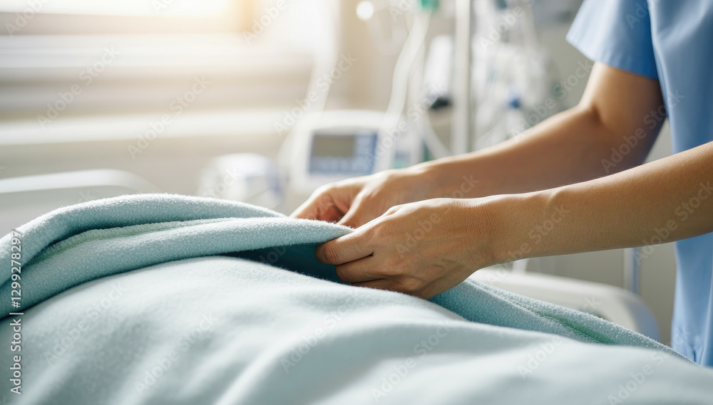 Obraz premium Healthcare worker making bed in hospital setting