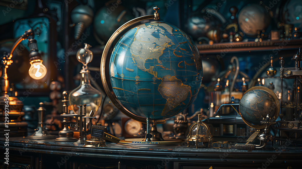 Fototapeta premium Vintage globe of the world on a table among other vintage accessories 