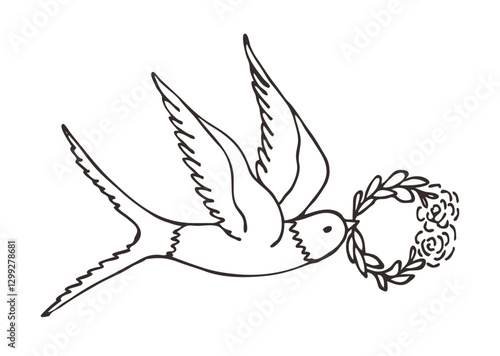 A vector illustration depicting the first spring bird, a swallow, carrying a flower wreath in flight. It is a symbol of spring, a new life. Hand-drawn. Logo, icon, postcard.