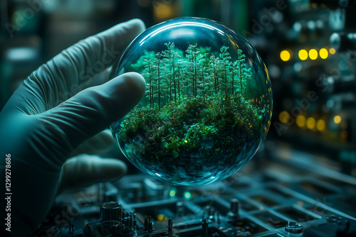 Scientist Holding Glass Sphere with Miniature Forest Inside