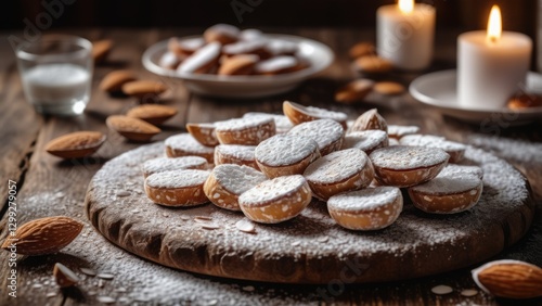 A wooden board topped with powdered sugar-coated cookies, surrounded by whole almonds and a glass of milk. The background includes more cookies on a plate and two lit candles, creating a cozy