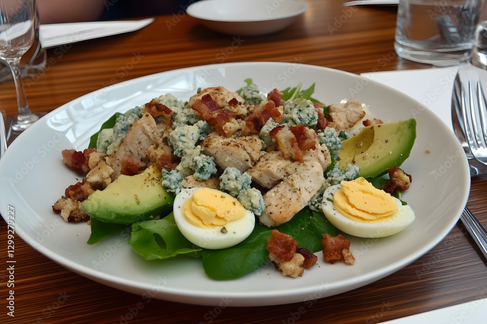 Chicken Salad Platter: This appetizing shot features a vibrant salad platter topped with chicken slices, avocado, boiled eggs, walnuts, and crumbled cheese Chicken Salad Platter: This appetizing shot features a vibrant salad platter topped with chicken slices, avocado, boiled eggs, walnuts, and crumbled cheese