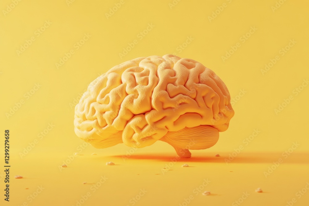 A single human brain rendered in yellow on a matching surface A single human brain rendered in yellow on a matching surface