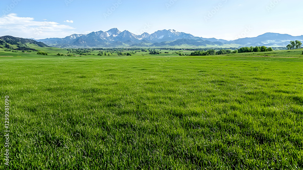 Fototapeta premium Green meadow, mountain range backdrop, sunny day, landscape