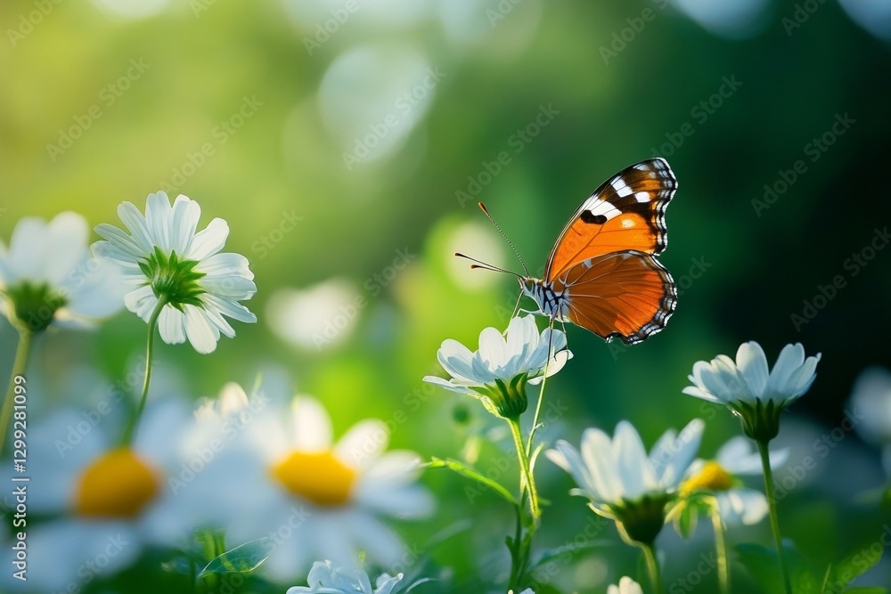 Fototapeta premium Vibrant butterfly on white daisies in lush green garden with sunlight