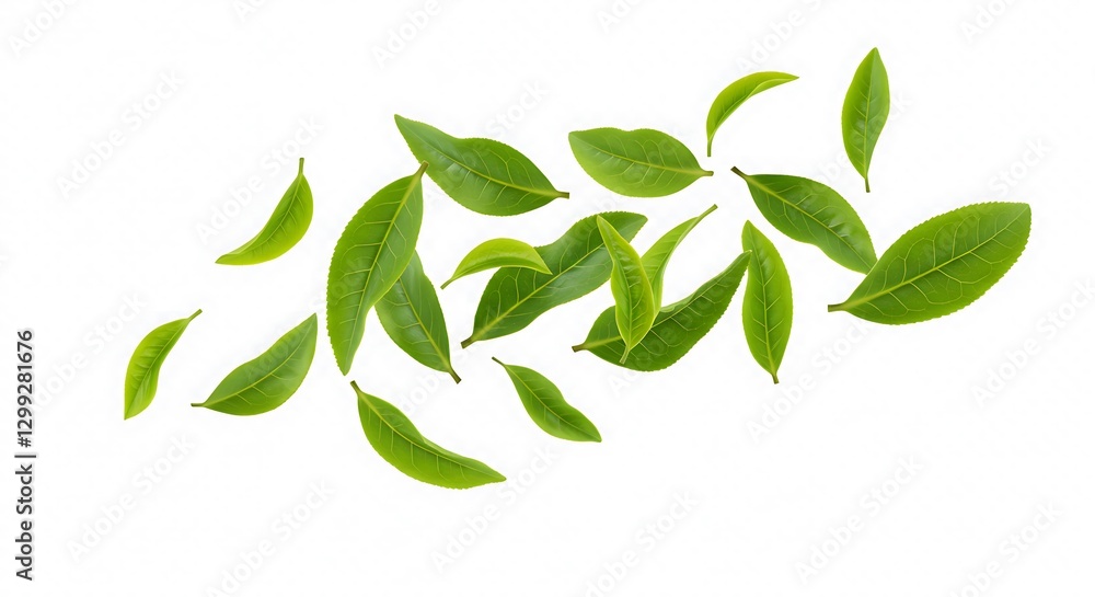 Naklejka premium Green Tea Leaves Falling Isolated on White Background High Resolution