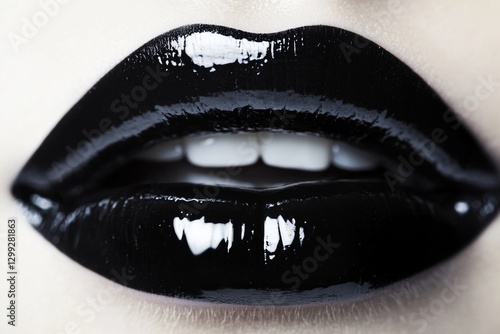 Glossy black lipstick on caucasian female lips with close-up view of teeth
