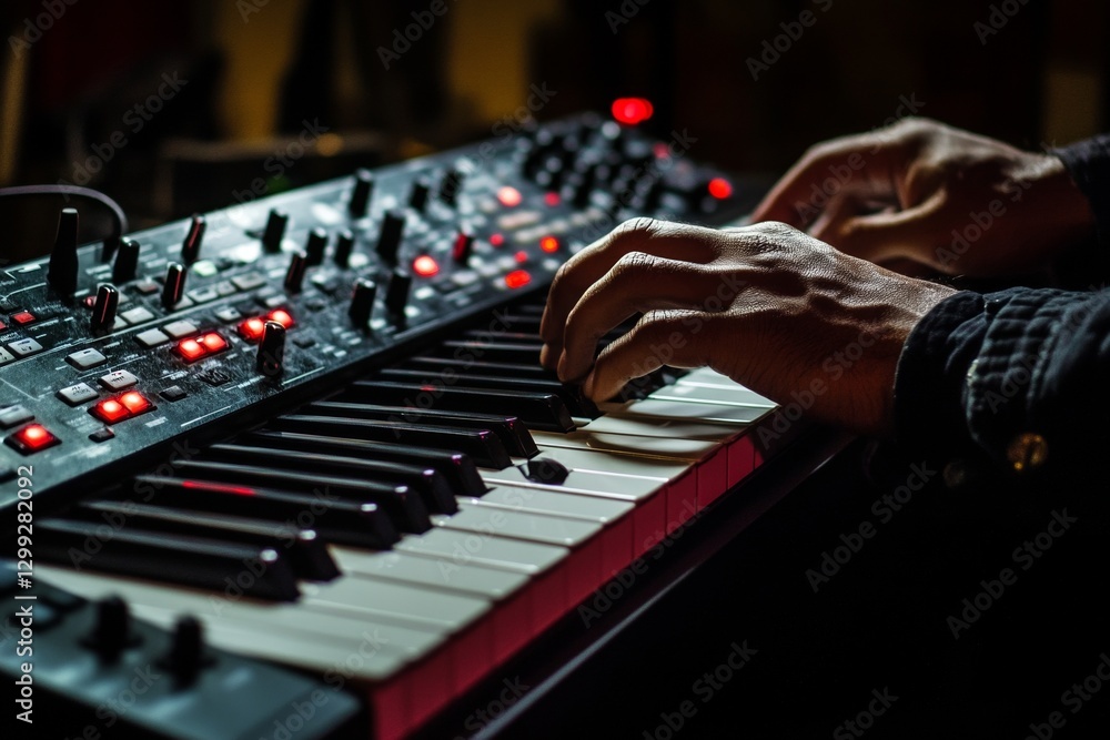 Male hands playing synthesizer piano with illuminated keys at night Male hands playing synthesizer piano with illuminated keys at night