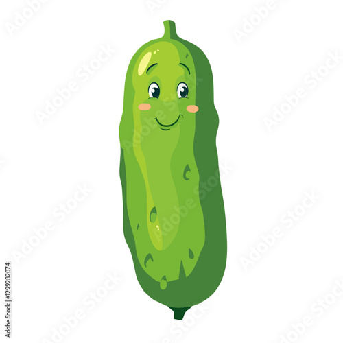 A cheerful animated pickle character stands alone against a rendered in a simple flat vector style