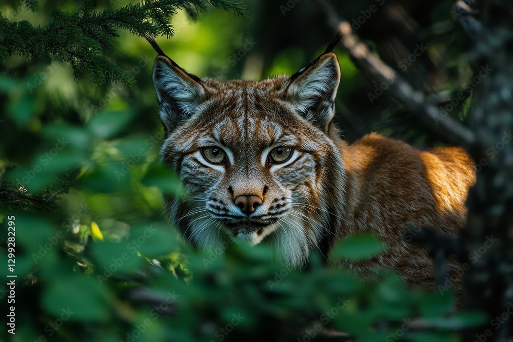 Obraz premium Eurasian lynx in forest habitat with intense gaze and lush greenery
